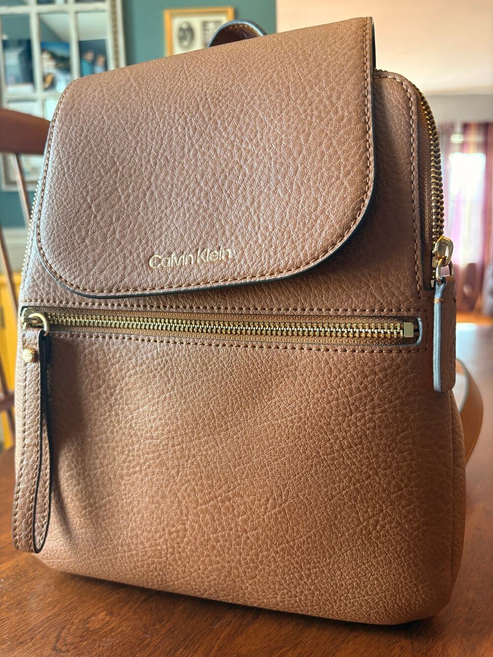 Calvin Klein Brown Cognac Backpack Purse Pebbled Gold Tone Zip Pockets
